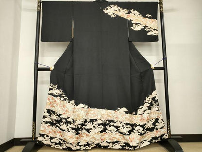 平和屋着物●訪問着　駒刺繍　吉祥松文　黒地　金彩　正絹　逸品　AABG5870ck
