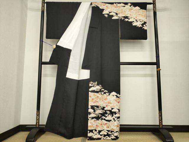 平和屋着物●訪問着　駒刺繍　吉祥松文　黒地　金彩　正絹　逸品　AABG5870ck