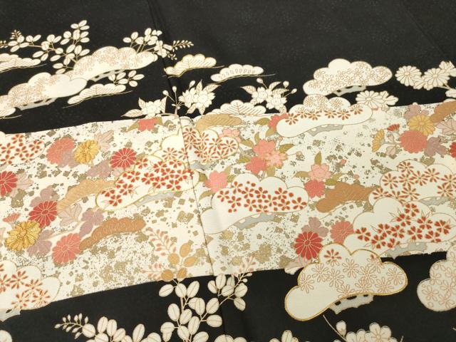 平和屋着物●訪問着　駒刺繍　吉祥松文　黒地　金彩　正絹　逸品　AABG5870ck