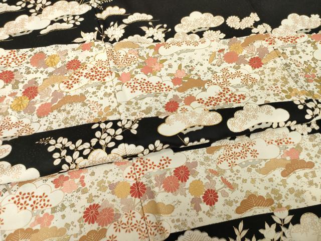 平和屋着物●訪問着　駒刺繍　吉祥松文　黒地　金彩　正絹　逸品　AABG5870ck