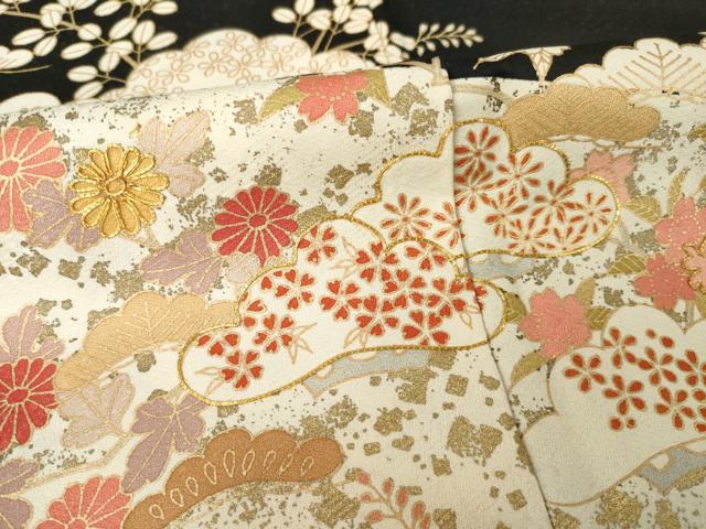 平和屋着物●訪問着　駒刺繍　吉祥松文　黒地　金彩　正絹　逸品　AABG5870ck