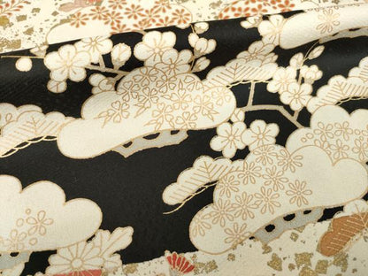 平和屋着物●訪問着　駒刺繍　吉祥松文　黒地　金彩　正絹　逸品　AABG5870ck