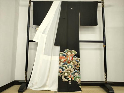 平和屋着物●豪華黒留袖　駒刺繍　鳳凰松文　金彩　三越扱い　正絹　逸品　AABG5871ck