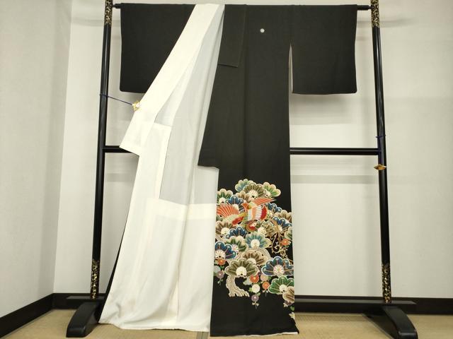 平和屋着物●豪華黒留袖　駒刺繍　鳳凰松文　金彩　三越扱い　正絹　逸品　AABG5871ck