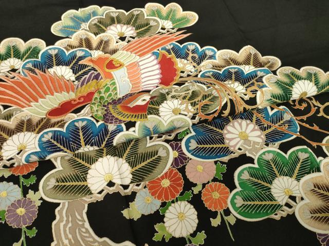 平和屋着物●豪華黒留袖　駒刺繍　鳳凰松文　金彩　三越扱い　正絹　逸品　AABG5871ck