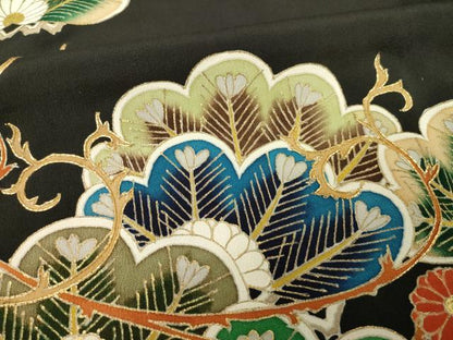 平和屋着物●豪華黒留袖　駒刺繍　鳳凰松文　金彩　三越扱い　正絹　逸品　AABG5871ck