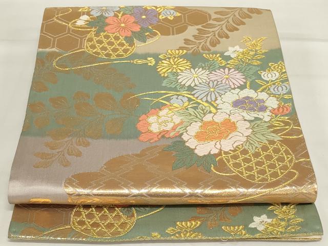 平和屋着物◎六通柄袋帯　唐織　吉祥花文　金糸　正絹　逸品　AABG5886ou