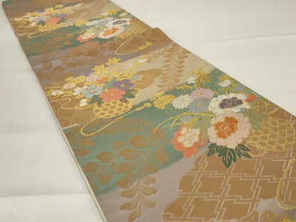 平和屋着物◎六通柄袋帯　唐織　吉祥花文　金糸　正絹　逸品　AABG5886ou