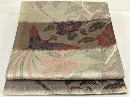 平和屋着物◎六通柄袋帯　更紗花鳥文　漆箔　正絹　逸品　AABG5888ou
