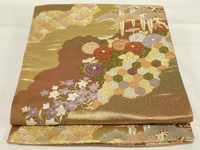 平和屋着物◎六通柄袋帯　唐織　道長花文　金糸　正絹　逸品　AABG5889ou