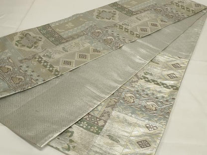 平和屋着物◎佐賀錦　六通柄袋帯　幾何学花文　金銀糸　正絹　逸品　AABG5894ou