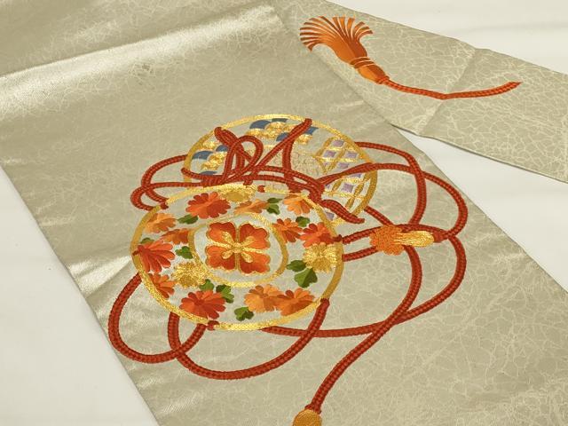 平和屋着物◎九寸名古屋帯 駒刺繍 花鼓文 正絹 逸品 AABG5903ou