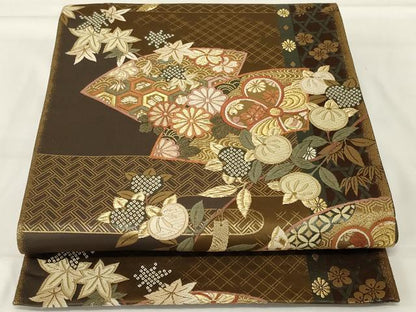 平和屋着物◎六通柄袋帯 地紙花蝶文 金糸 正絹 逸品 AABG5904ou