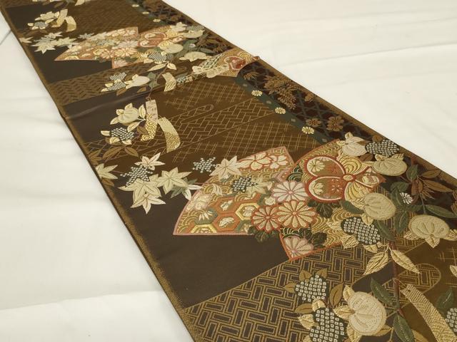 平和屋着物◎六通柄袋帯 地紙花蝶文 金糸 正絹 逸品 AABG5904ou