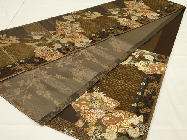平和屋着物◎六通柄袋帯 地紙花蝶文 金糸 正絹 逸品 AABG5904ou