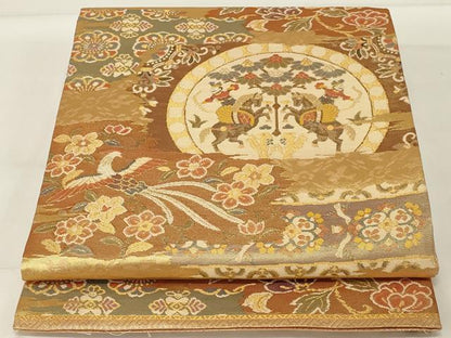 平和屋着物◎佐賀錦 六通柄袋帯 狩猟花鳥文 金糸 正絹 逸品 AABG5905ou