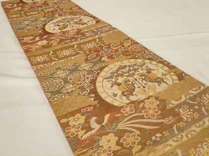平和屋着物◎佐賀錦 六通柄袋帯 狩猟花鳥文 金糸 正絹 逸品 AABG5905ou