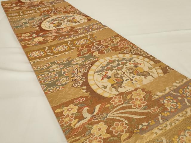 平和屋着物◎佐賀錦 六通柄袋帯 狩猟花鳥文 金糸 正絹 逸品 AABG5905ou