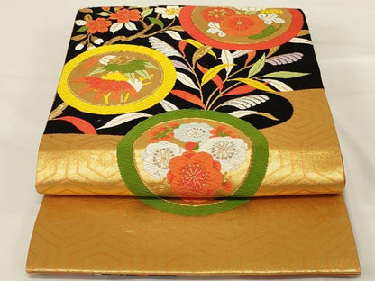 平和屋着物◎六通柄袋帯 唐織 花丸文 金糸 正絹 逸品 AABG5906ou