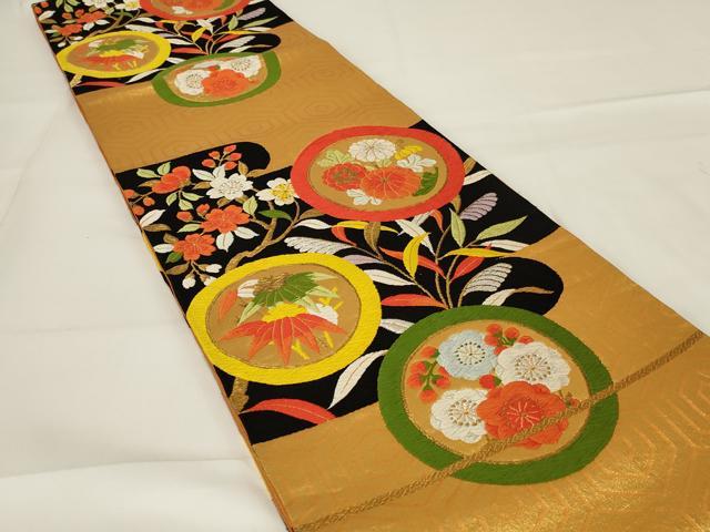 平和屋着物◎六通柄袋帯 唐織 花丸文 金糸 正絹 逸品 AABG5906ou
