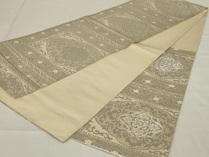 平和屋着物◎六通柄袋帯 更紗花文 銀糸 正絹 逸品 AABG5909ou