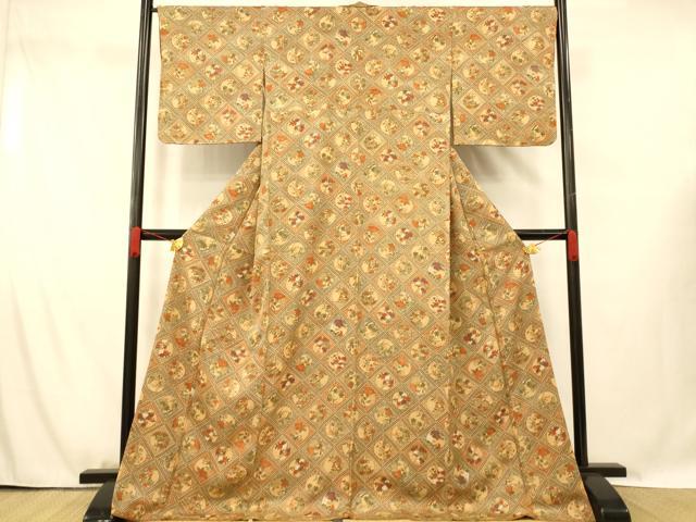 平和屋着物■上質な小紋　草花丸菱文　ロング丈　正絹　逸品　AABG5977fw