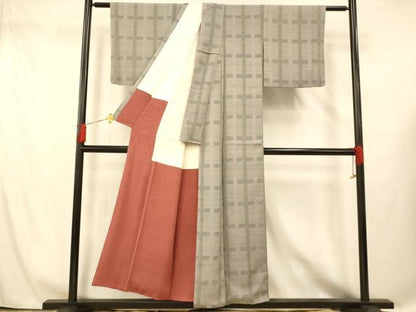 平和屋着物■お召 格子 正絹 逸品 AABG5993fw