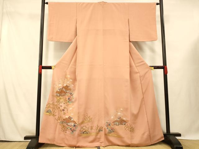 平和屋着物■豪華色留袖　手描き　刺繍　風景文　金糸　金彩　正絹　逸品　AABG6008fw