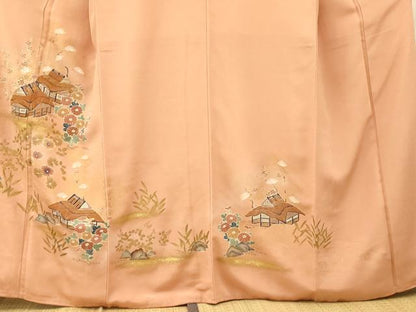平和屋着物■豪華色留袖　手描き　刺繍　風景文　金糸　金彩　正絹　逸品　AABG6008fw
