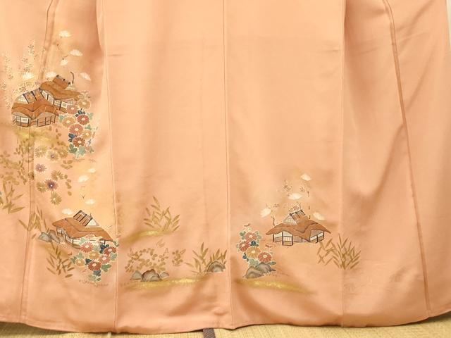 平和屋着物■豪華色留袖　手描き　刺繍　風景文　金糸　金彩　正絹　逸品　AABG6008fw