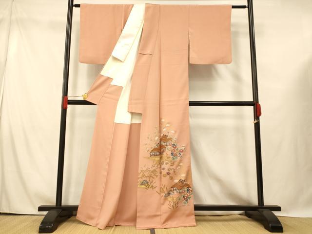 平和屋着物■豪華色留袖　手描き　刺繍　風景文　金糸　金彩　正絹　逸品　AABG6008fw