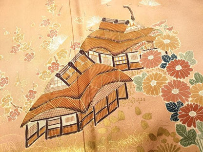 平和屋着物■豪華色留袖　手描き　刺繍　風景文　金糸　金彩　正絹　逸品　AABG6008fw