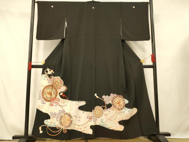 平和屋着物■豪華黒留袖 駒刺繍 花鳥絵皿文 金銀彩 正絹 逸品 AABG6036fw