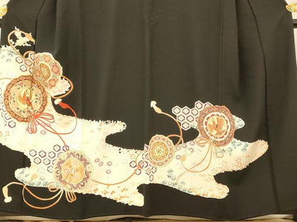 平和屋着物■豪華黒留袖 駒刺繍 花鳥絵皿文 金銀彩 正絹 逸品 AABG6036fw