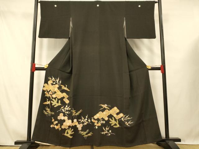 平和屋着物■豪華黒留袖 駒刺繍 飛鶴七宝花文 金彩 正絹 逸品 AABG6037fw