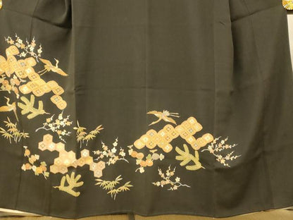 平和屋着物■豪華黒留袖 駒刺繍 飛鶴七宝花文 金彩 正絹 逸品 AABG6037fw
