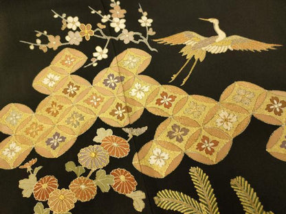 平和屋着物■豪華黒留袖 駒刺繍 飛鶴七宝花文 金彩 正絹 逸品 AABG6037fw