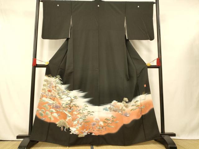 平和屋着物■豪華黒留袖　作家物　手描き　寿光織　風景文　暈し染め　金彩　正絹　逸品　AABG6039fw