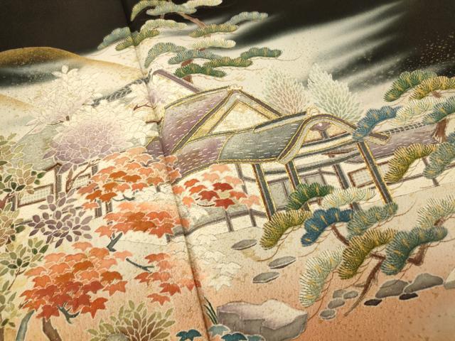 平和屋着物■豪華黒留袖　作家物　手描き　寿光織　風景文　暈し染め　金彩　正絹　逸品　AABG6039fw
