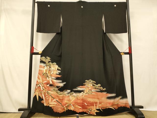 平和屋着物■豪華黒留袖 駒刺繍 御所車吉祥文様 松 竹 暈し染め 金銀彩 正絹 逸品 AABG6066fw