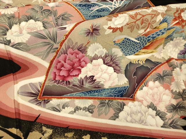 平和屋着物■豪華黒留袖　駒刺繍　地紙花鳥文　暈し染め　金銀彩　銀糸　正絹　逸品　AABG6079fw