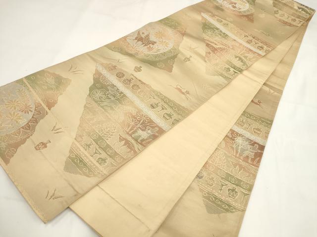 平和屋着物◎六通柄袋帯　切嵌狩猟花文　金糸　正絹　逸品　AABG6131wj