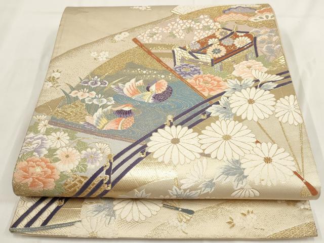 平和屋着物◎六通柄袋帯 唐織 九百 菊華御所車紋 金銀糸 正絹 逸品 AABG6146wj