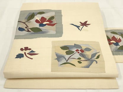 平和屋着物◎九寸名古屋帯　紬地　色紙花文　正絹　逸品　AABG6149wj