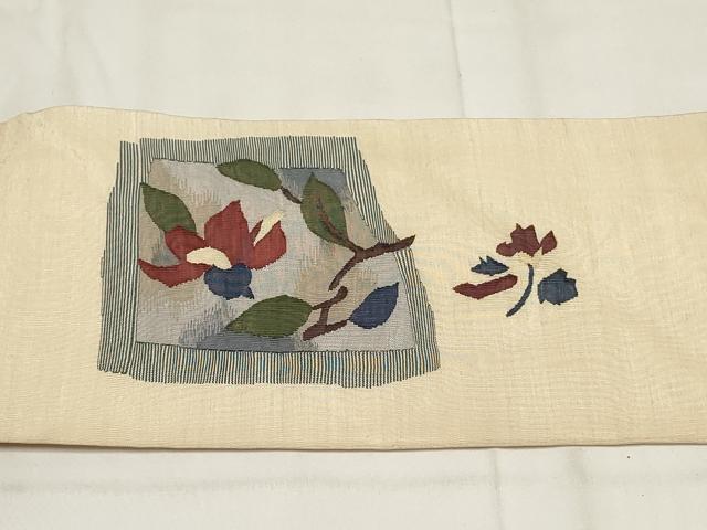 平和屋着物◎九寸名古屋帯　紬地　色紙花文　正絹　逸品　AABG6149wj