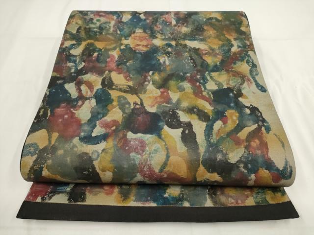 平和屋着物◎六通柄袋帯　霞文　黒地　正絹　逸品　AABG6193wj