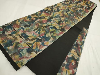 平和屋着物◎六通柄袋帯　霞文　黒地　正絹　逸品　AABG6193wj
