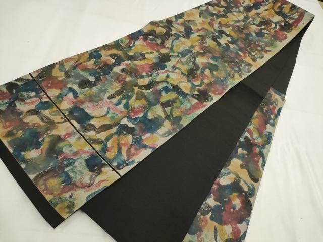 平和屋着物◎六通柄袋帯　霞文　黒地　正絹　逸品　AABG6193wj