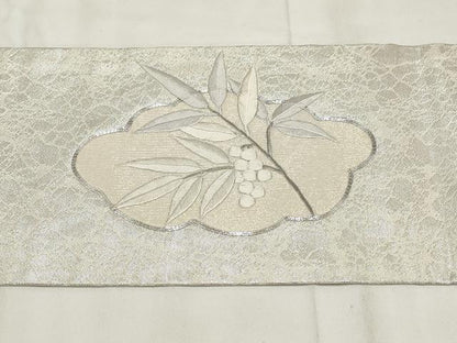 平和屋着物◎九寸名古屋帯 刺繍 枝葉文 銀糸 正絹 逸品 AABG6204wj