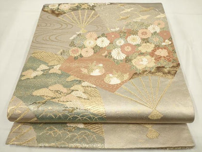 平和屋着物◎六通柄袋帯 扇面花鳥文 金銀糸 正絹 逸品 AABG6210wj